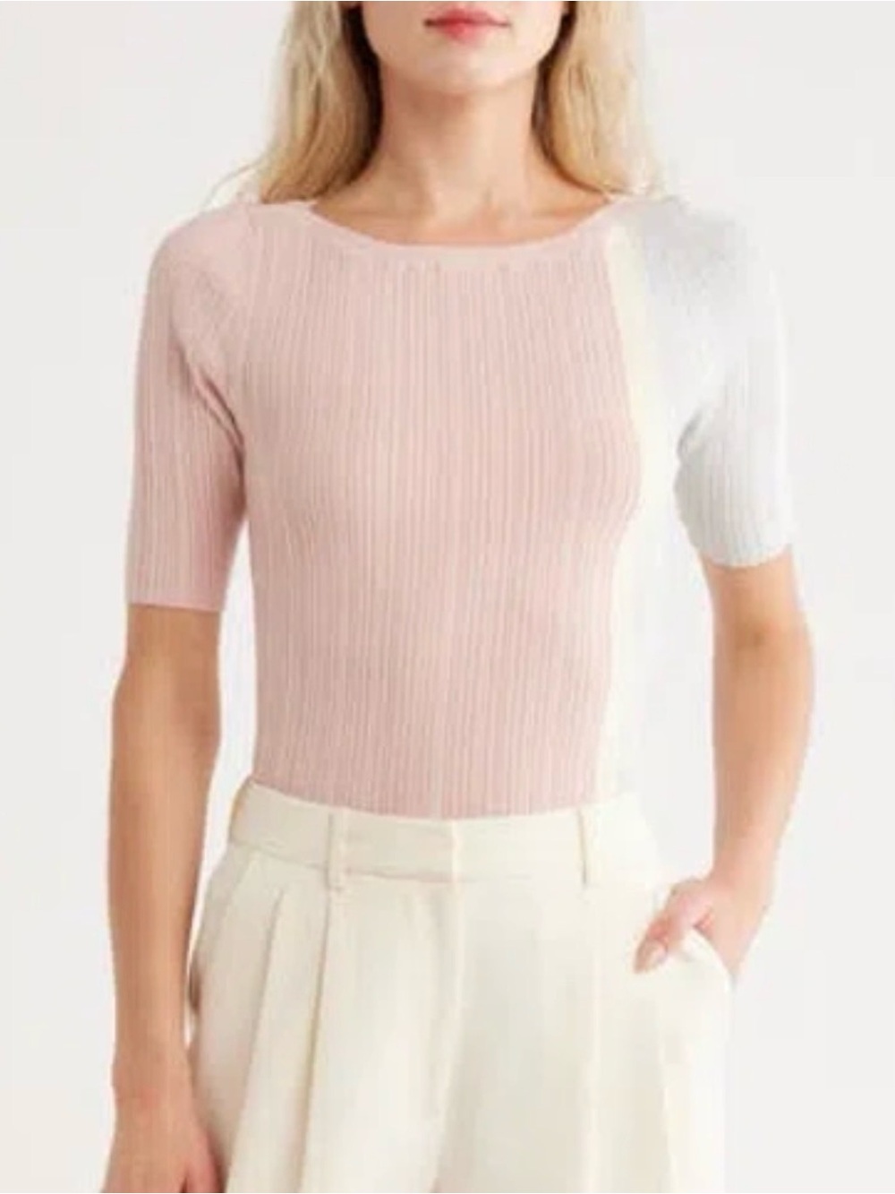 T Tahari colorblock elbow sleeve ribbed sweater pink gray SMALL